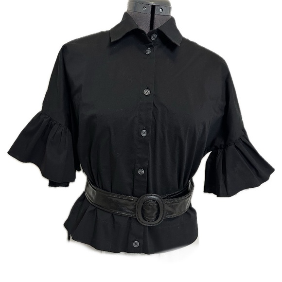 D. Exterior Made in Italy Black Ruffle Belted Poplin Top, Size Small - Picture 8 of 13
